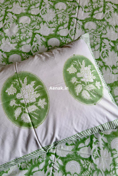 Green Garden Handblock Bedsheet + Quilt Combo Set