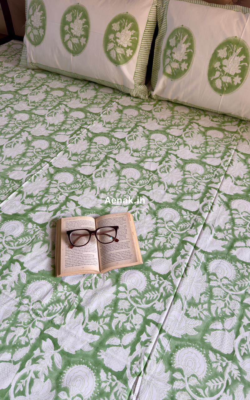 Green Garden Handblock Printed Premium Cotton Bedsheet Set