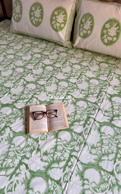 Green Garden Handblock Printed Premium Cotton Bedsheet Set