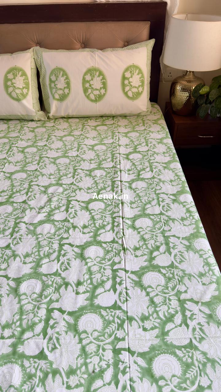 Green Garden Handblock Bedsheet + Quilt Combo Set