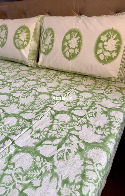 Green Garden Handblock Bedsheet + Quilt Combo Set