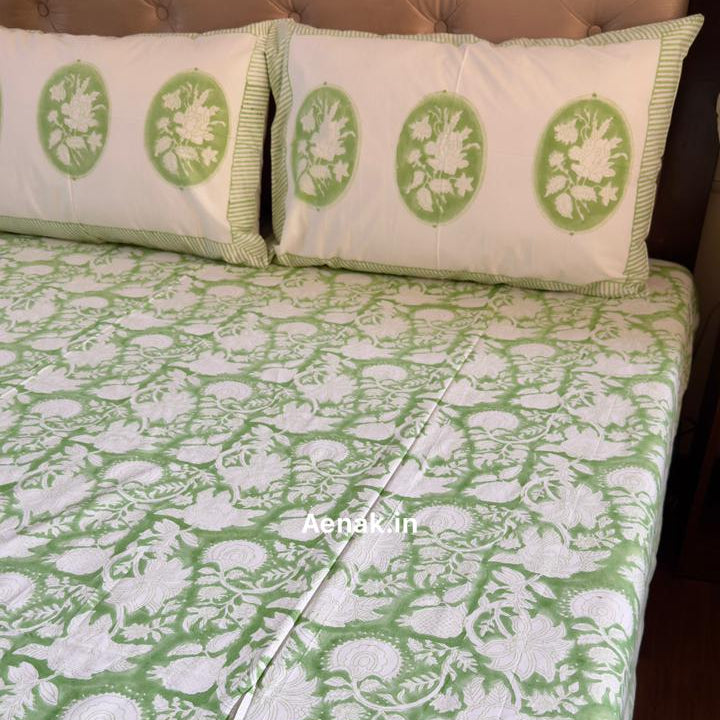 Green Garden Handblock Printed Premium Cotton Bedsheet Set