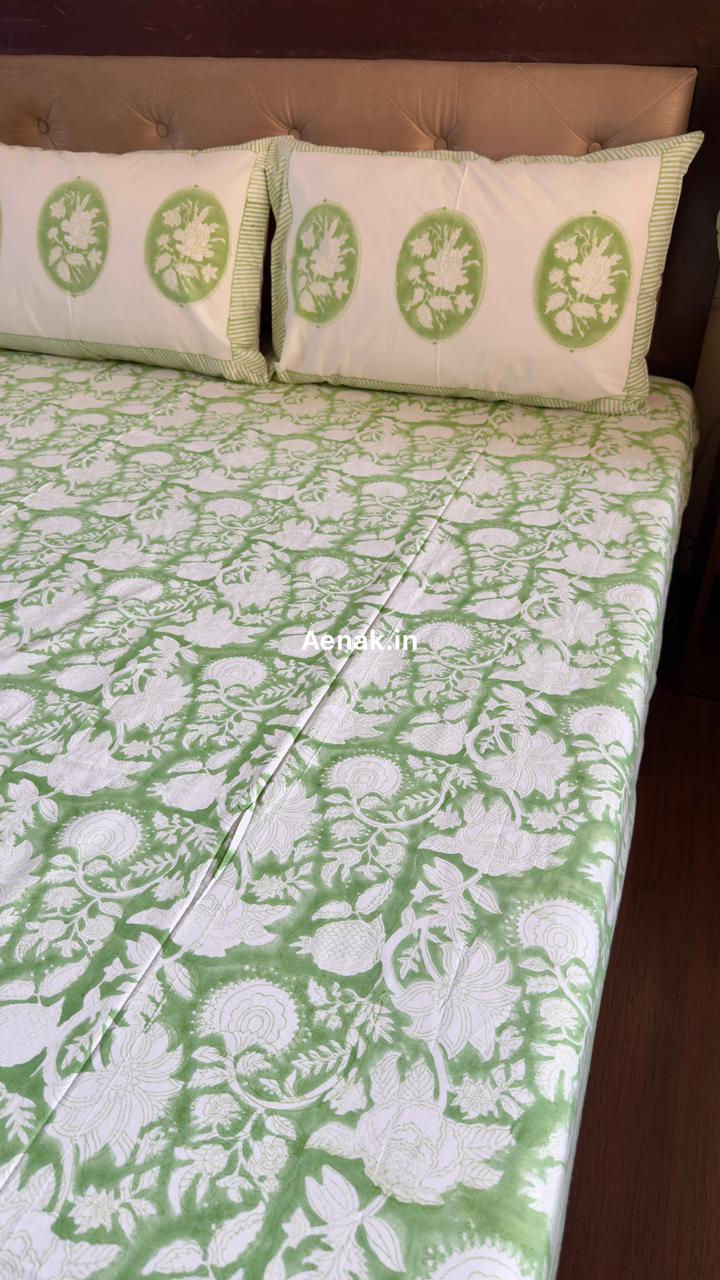 Green Garden Handblock Bedsheet + Quilt Combo Set