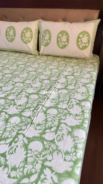 Green Garden Handblock Bedsheet + Quilt Combo Set