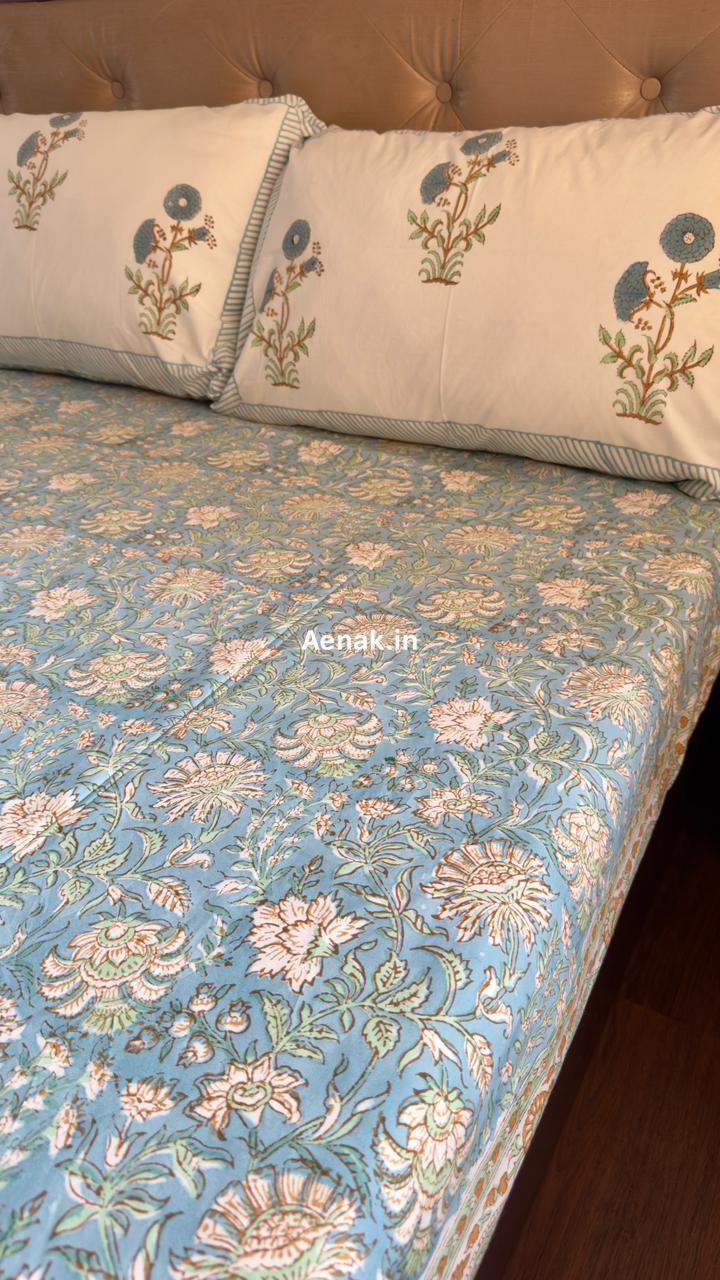 Blue Marigold Handblock Bedsheet + Dohar Combo Set