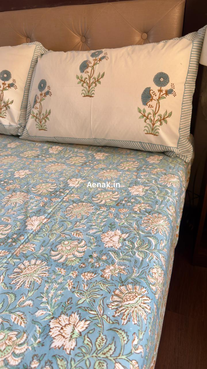 Blue Marigold Handblock Bedsheet + Dohar Combo Set