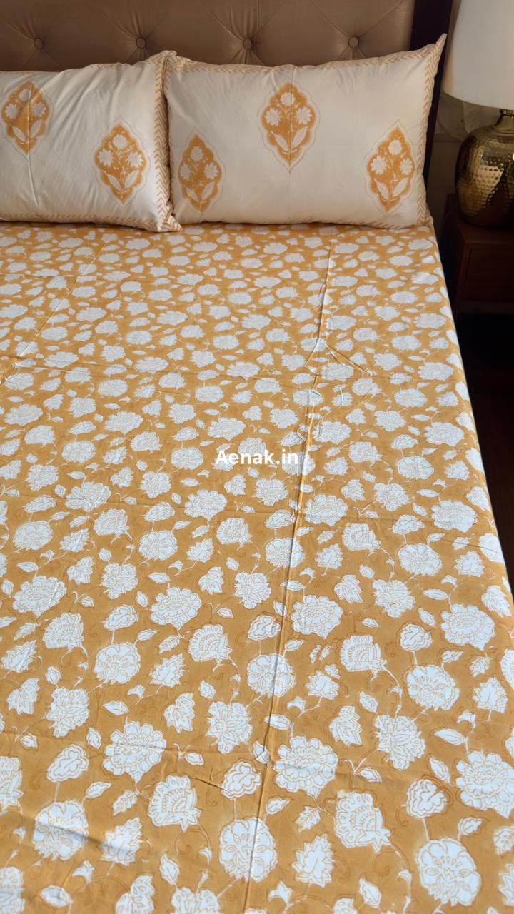 Yellow Floral Garden Handblock Premium Cotton Bedsheet Set