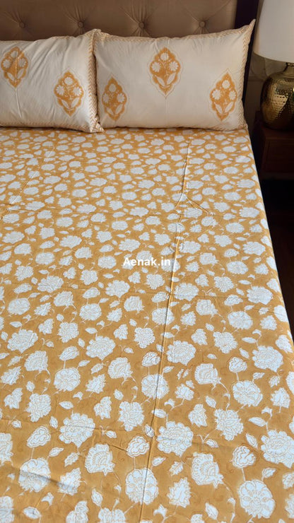 Yellow Floral Garden Handblock Premium Cotton Bedsheet Set