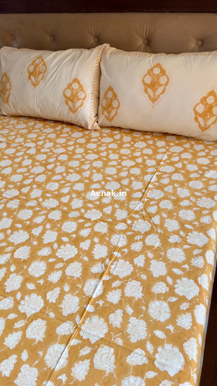 Yellow Floral Garden Handblock Premium Cotton Bedsheet Set