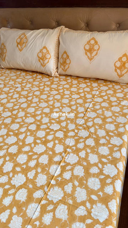 Yellow Floral Garden Handblock Premium Cotton Bedsheet Set