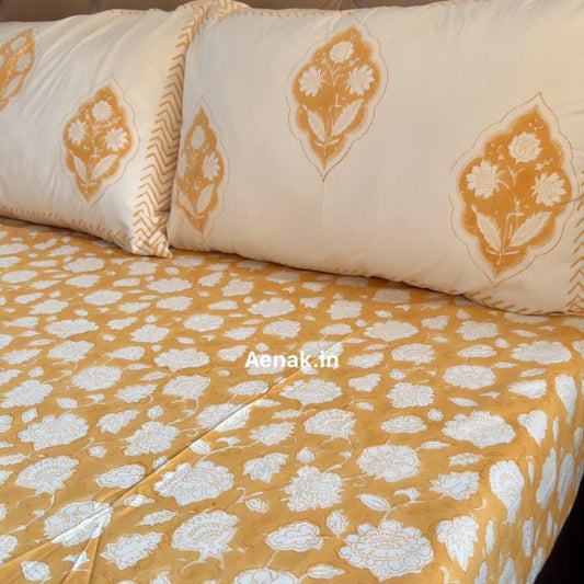 Yellow Floral Garden Handblock Premium Cotton Bedsheet Set