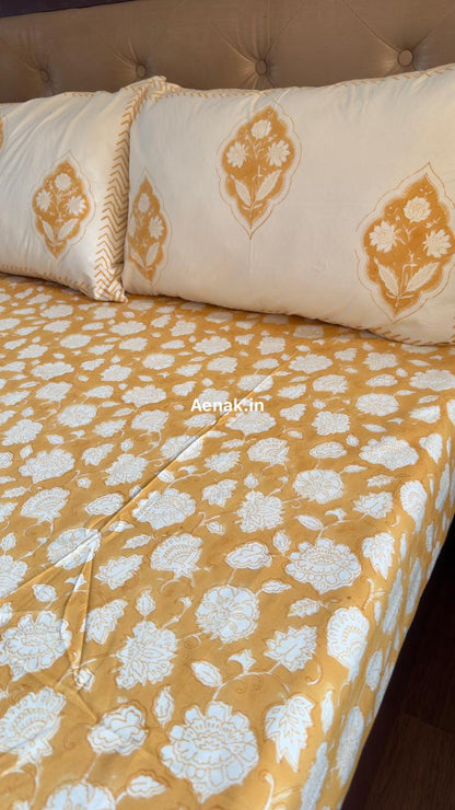 Yellow Floral Garden Handblock Premium Cotton Bedsheet Set