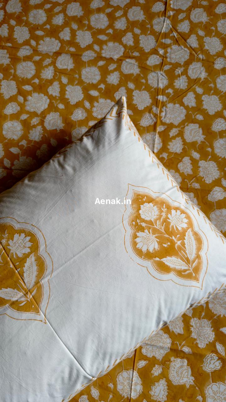 Yellow Floral Garden Handblock Premium Cotton Bedsheet Set