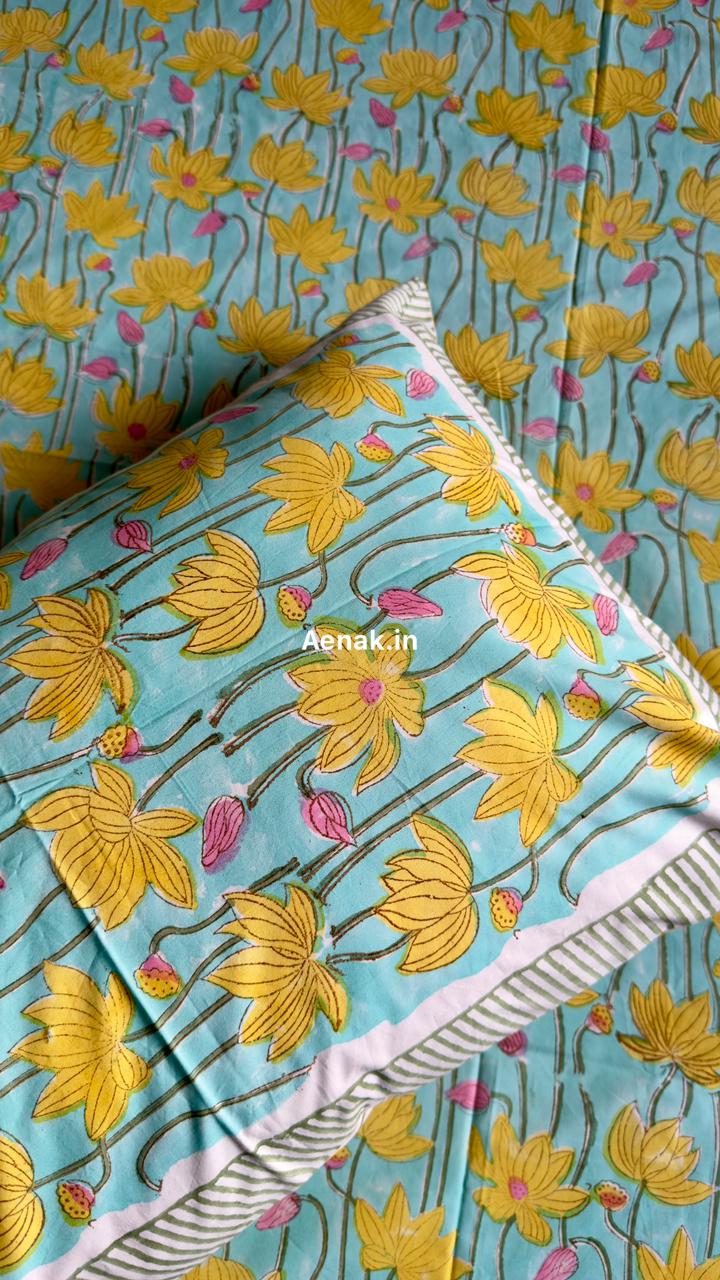 Yellow Pichwai Lotus Handblock Premium Cotton Bedsheet Set