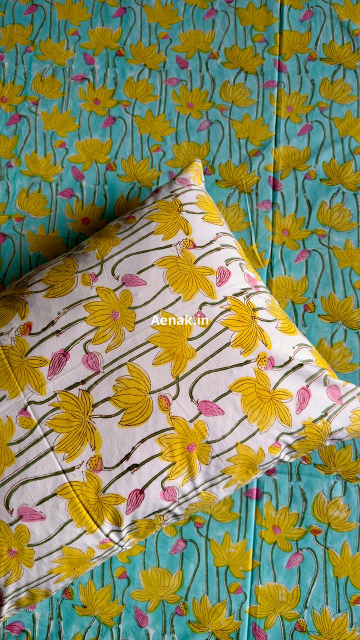 Yellow Pichwai Lotus Handblock Premium Cotton Bedsheet Set