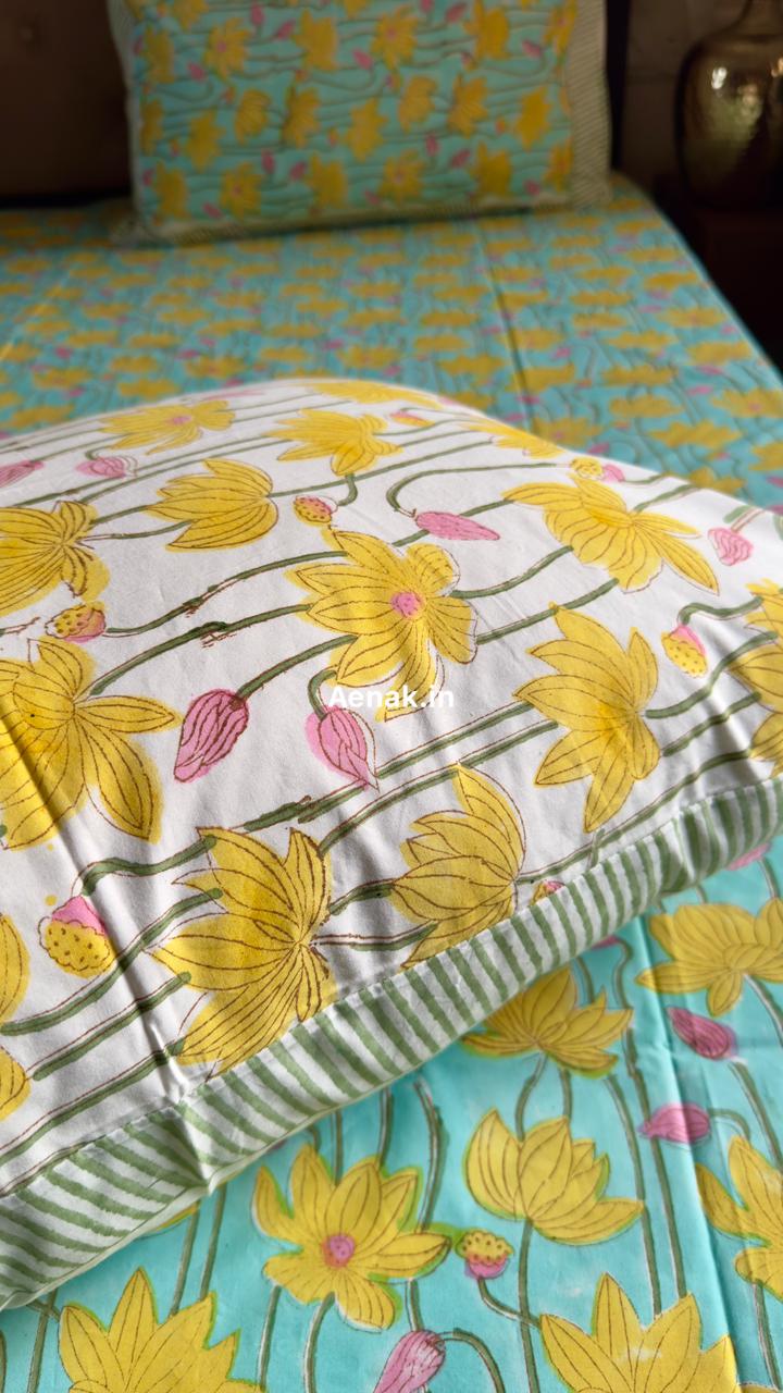 Yellow Pichwai Lotus Handblock Premium Cotton Bedsheet Set