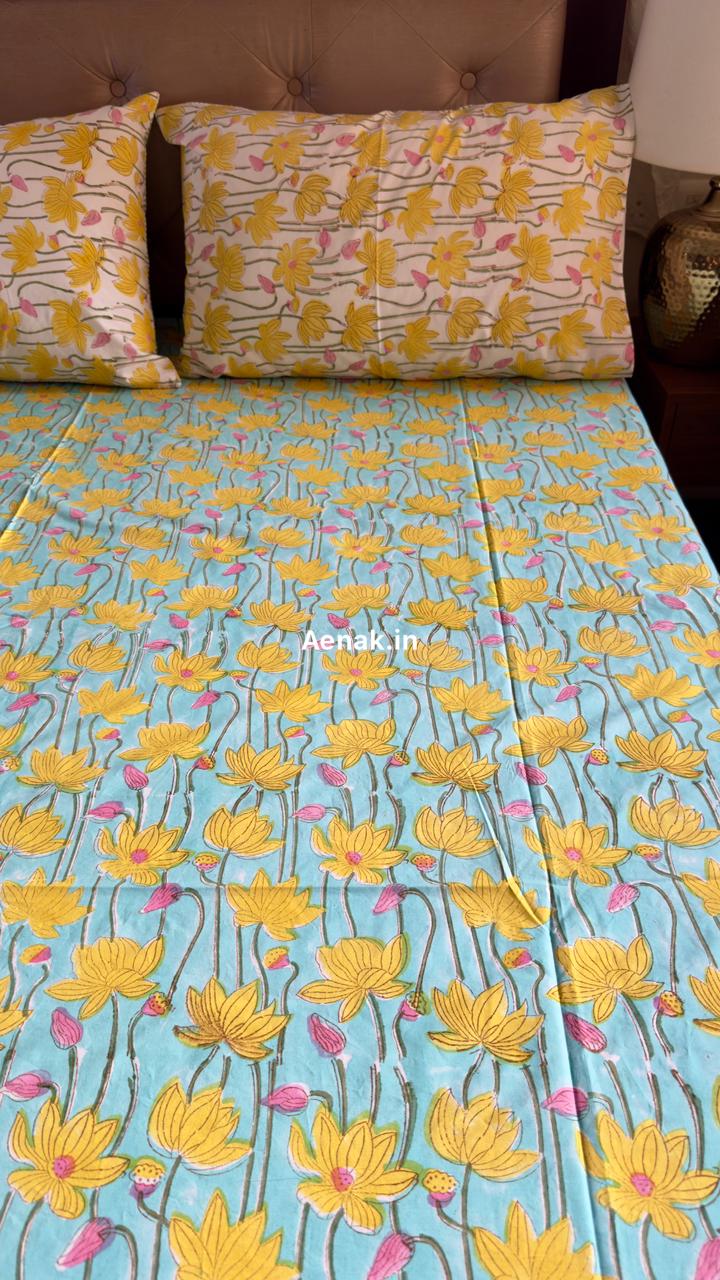 Yellow Pichwai Lotus Handblock Premium Cotton Bedsheet Set