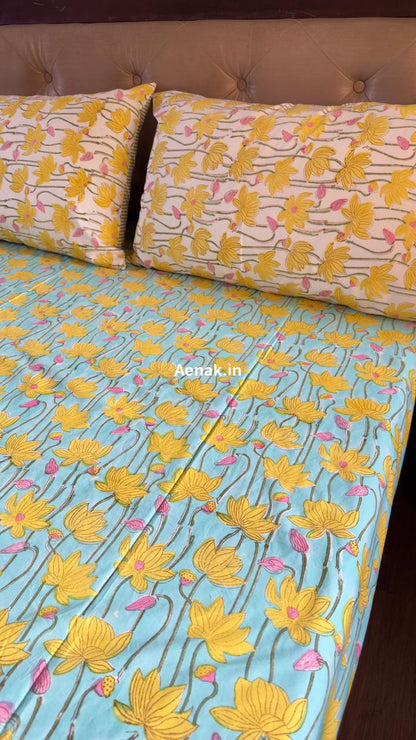 Yellow Pichwai Lotus Handblock Premium Cotton Bedsheet Set