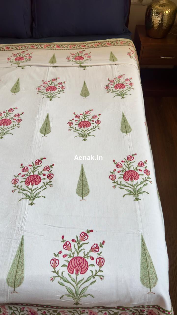 Pink Phool Green Cypress Handblock Mulmul Cotton Reversible Dohar