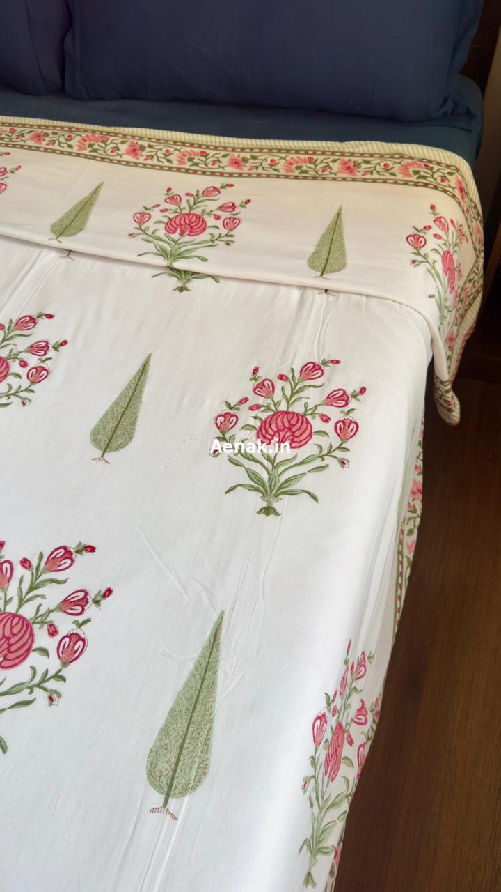 Pink Phool Green Cypress Handblock Mulmul Cotton Reversible Dohar