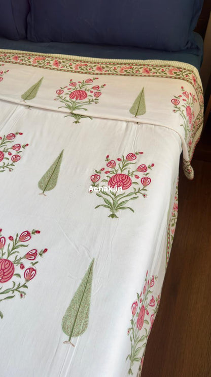 Pink Phool Green Cypress Handblock Mulmul Cotton Reversible Dohar