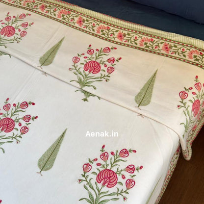 Pink Phool Green Cypress Handblock Mulmul Cotton Reversible Dohar