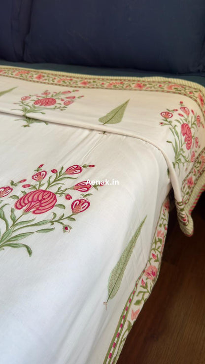 Pink Phool Green Cypress Handblock Mulmul Cotton Reversible Dohar