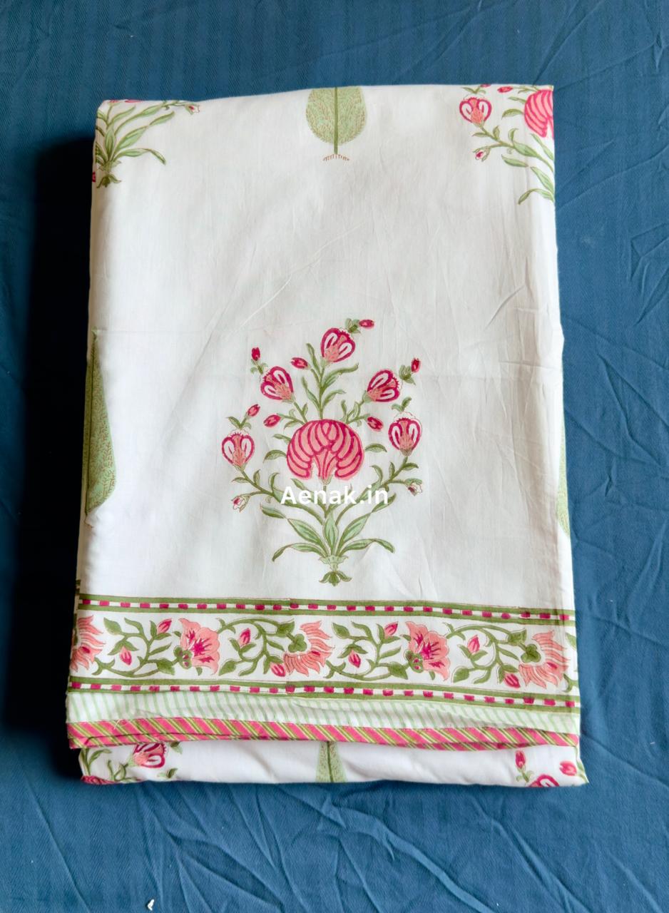 Pink Phool Green Cypress Handblock Mulmul Cotton Reversible Dohar