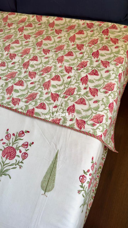 Pink Phool Green Cypress Handblock Mulmul Cotton Reversible Dohar