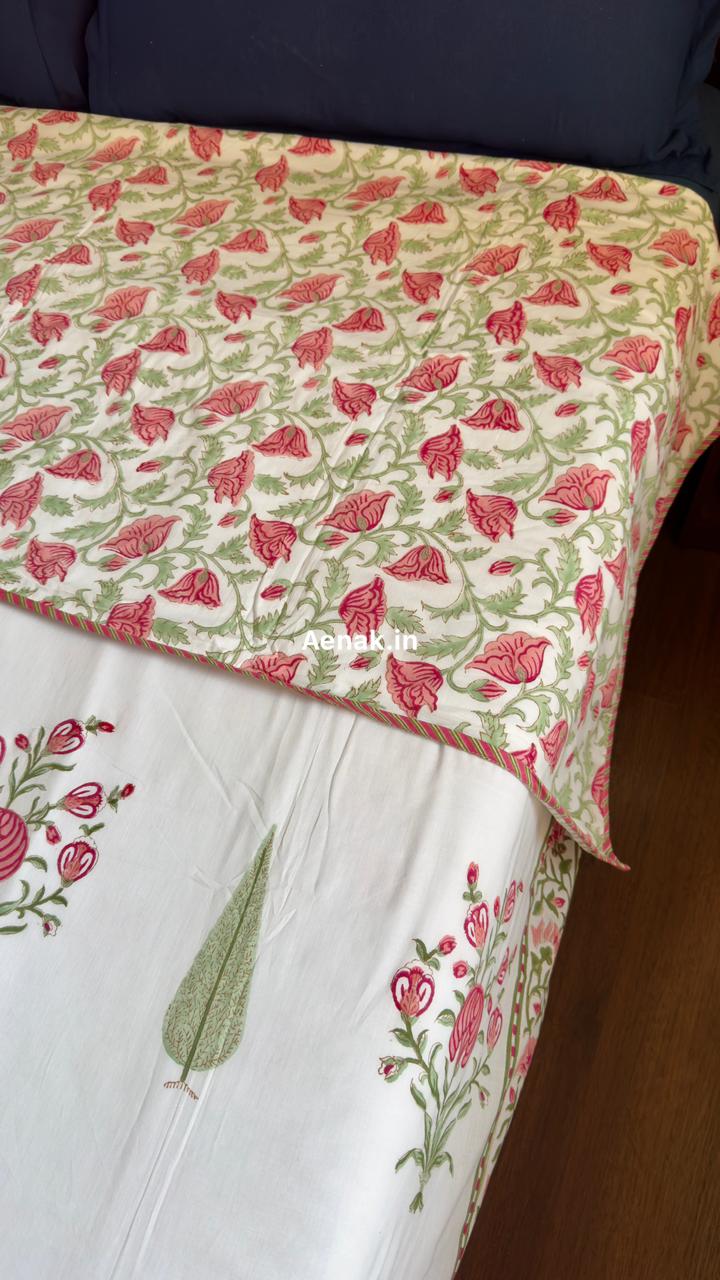Pink Phool Green Cypress Handblock Mulmul Cotton Reversible Dohar