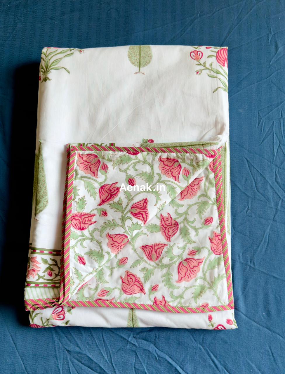 Pink Phool Green Cypress Handblock Mulmul Cotton Reversible Dohar