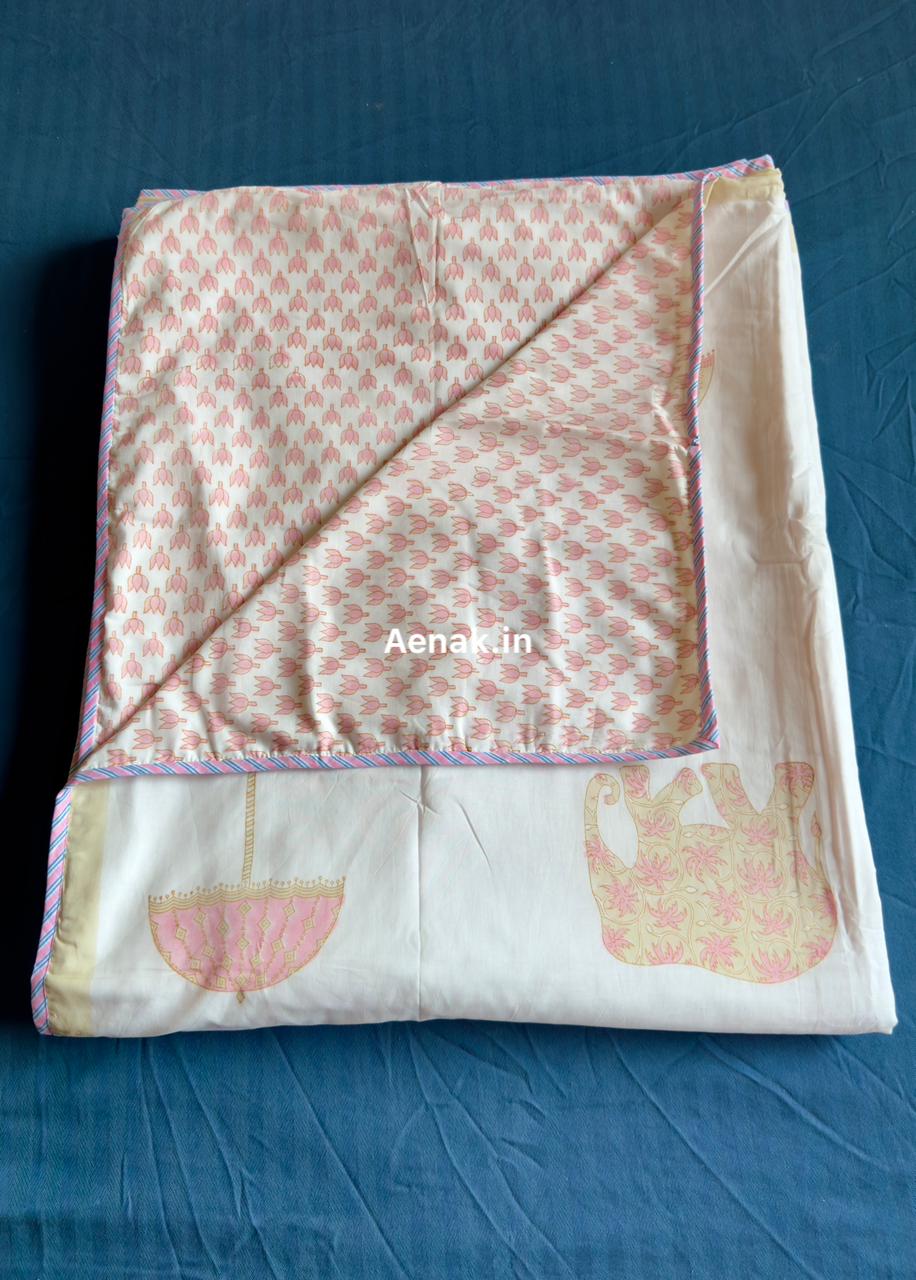 Pink Elephant Handblock Mulmul Cotton Reversible Dohar