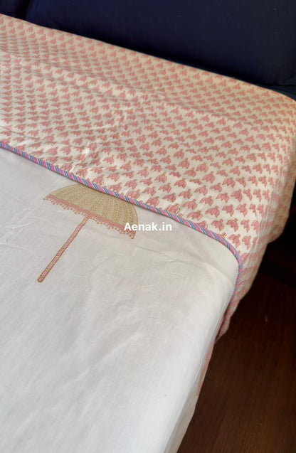 Pink Elephant Handblock Mulmul Cotton Reversible Dohar