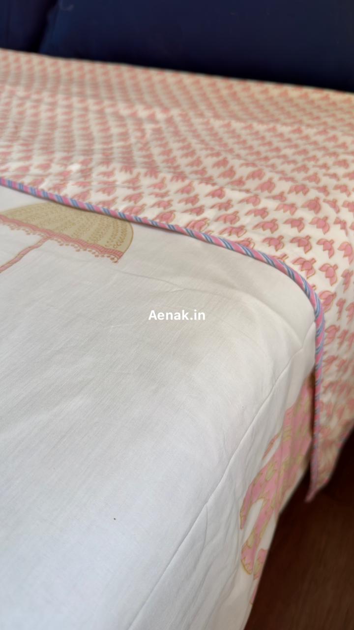 Pink Elephant Handblock Mulmul Cotton Reversible Dohar