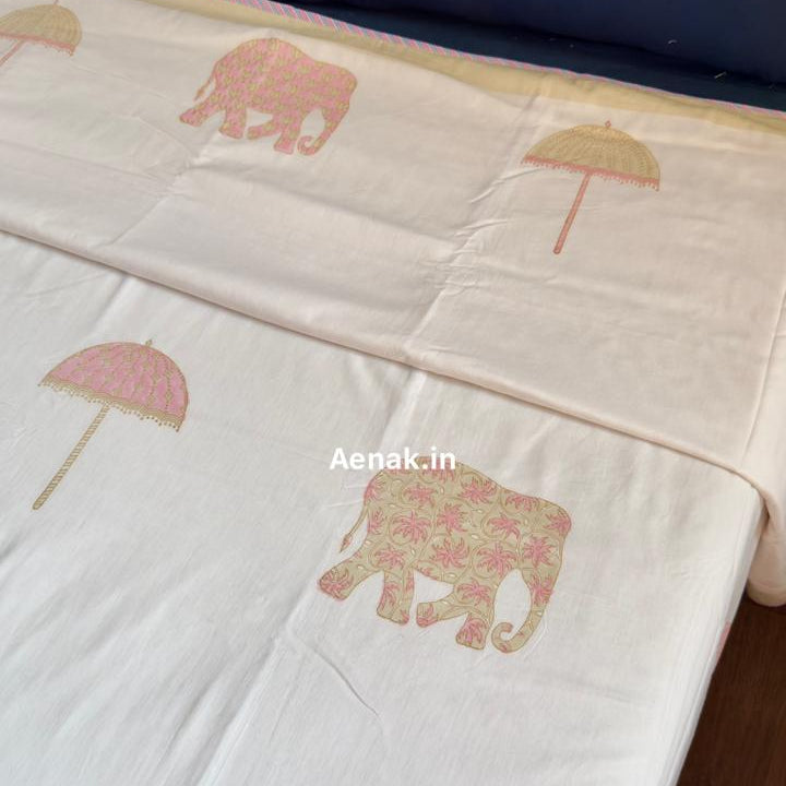 Pink Elephant Handblock Mulmul Cotton Reversible Dohar