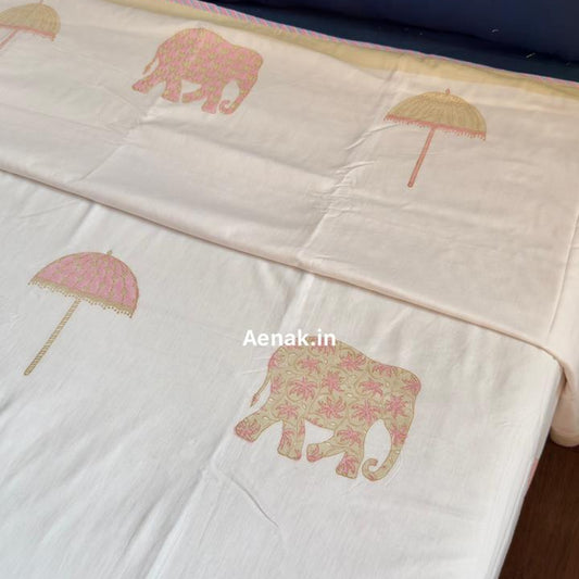 Pink Elephant Handblock Mulmul Cotton Reversible Dohar