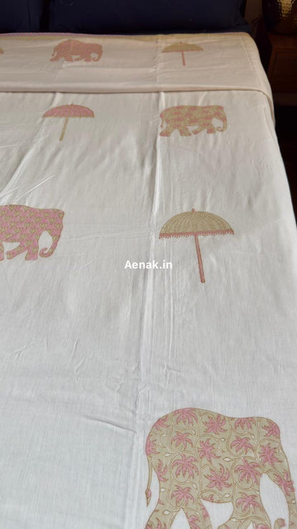 Pink Elephant Handblock Mulmul Cotton Reversible Dohar