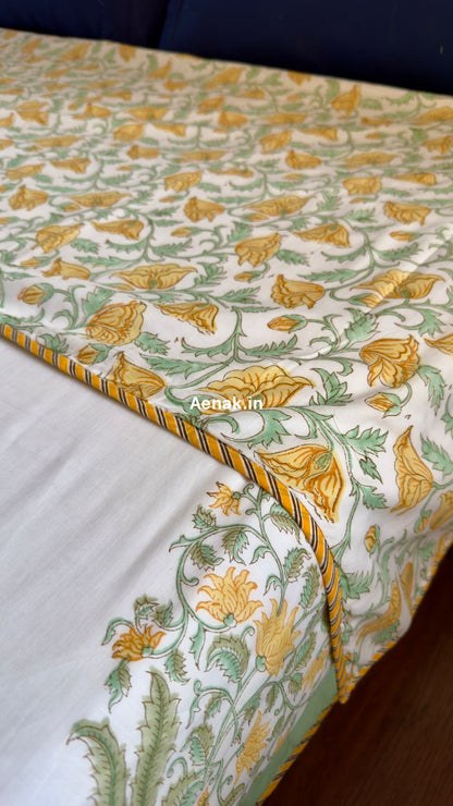 Yellow Phool Guldasta Handblock Mulmul Cotton Reversible Dohar