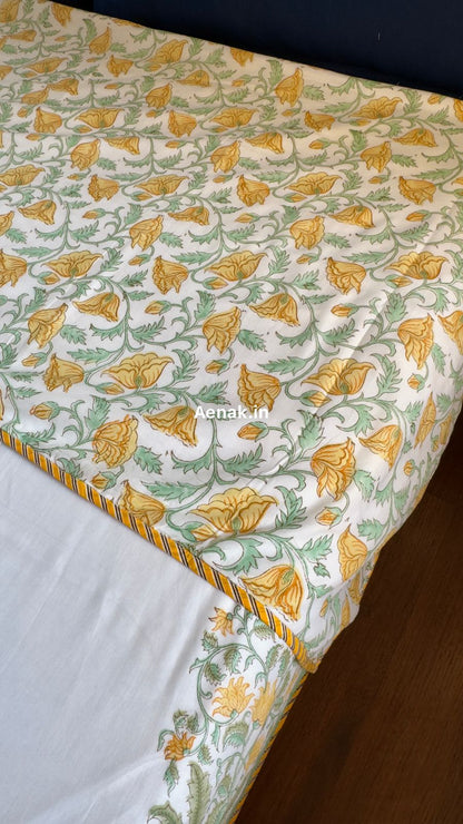 Yellow Phool Guldasta Handblock Mulmul Cotton Reversible Dohar