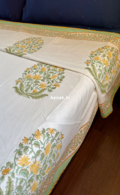 Yellow Phool Guldasta Handblock Mulmul Cotton Reversible Dohar