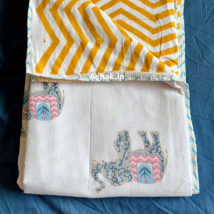 Yellow Chevron Elephant Handblock Mulmul Cotton Reversible Dohar