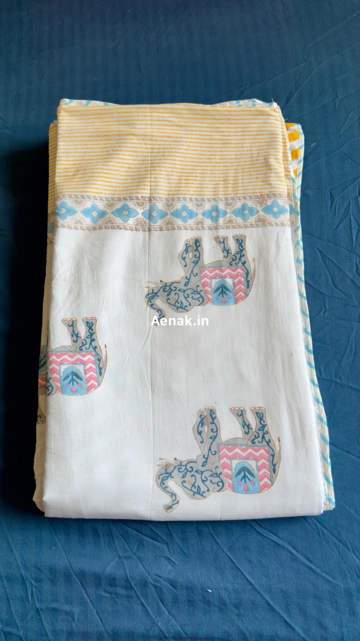 Yellow Chevron Elephant Handblock Mulmul Cotton Reversible Dohar