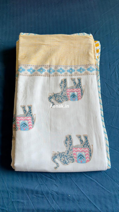 Yellow Chevron Elephant Handblock Mulmul Cotton Reversible Dohar