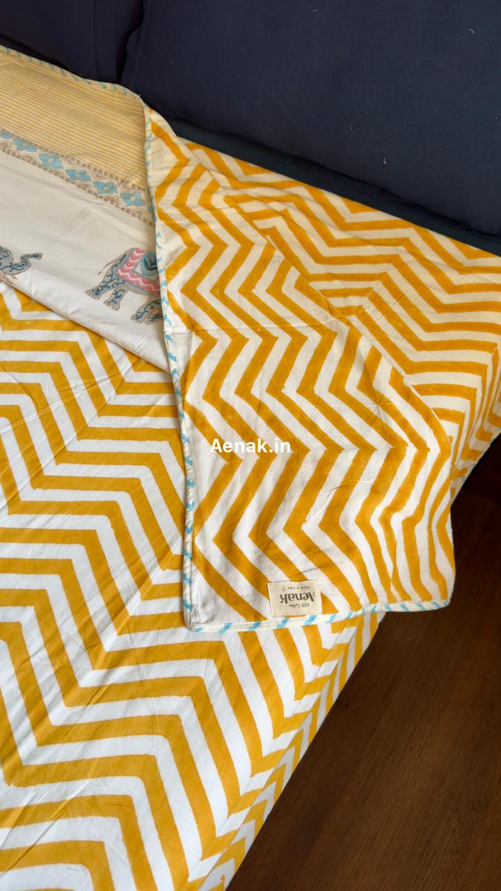Yellow Chevron Elephant Handblock Mulmul Cotton Reversible Dohar