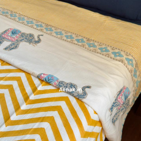 Yellow Chevron Elephant Handblock Mulmul Cotton Reversible Dohar