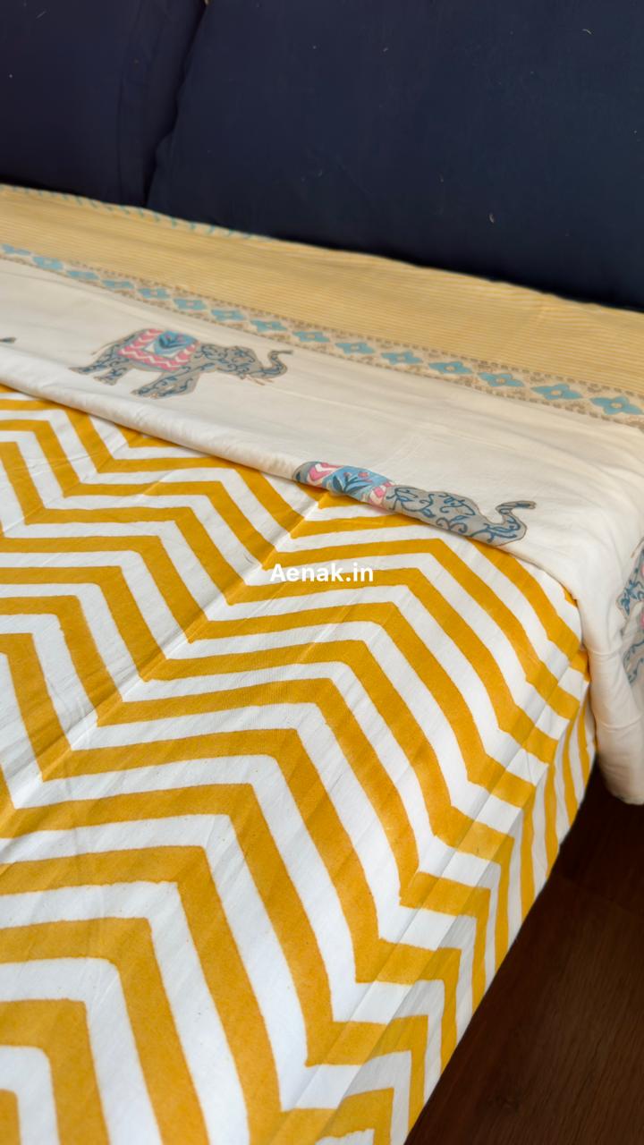 Yellow Chevron Elephant Handblock Mulmul Cotton Reversible Dohar