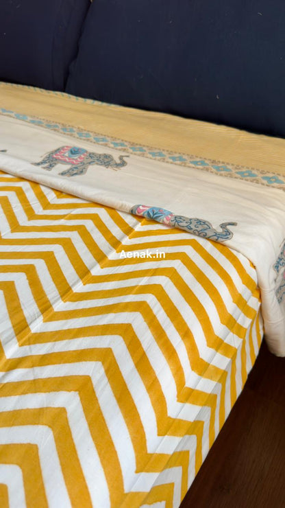 Yellow Chevron Elephant Handblock Mulmul Cotton Reversible Dohar