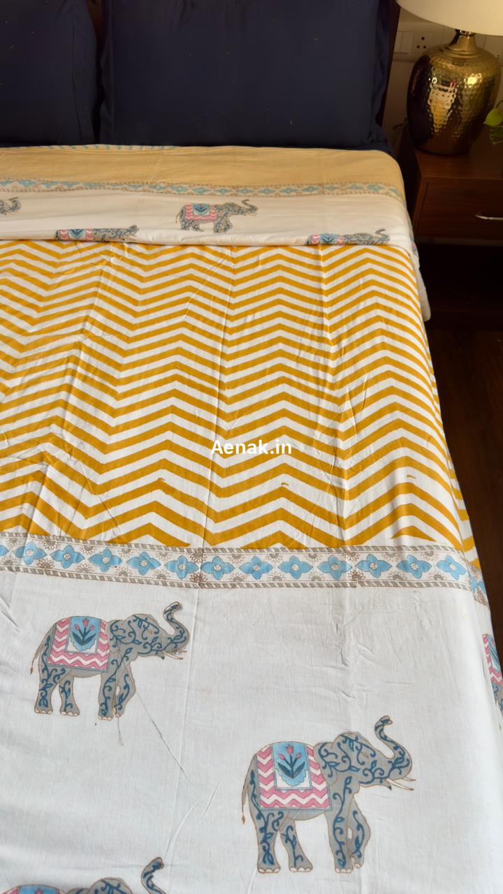 Yellow Chevron Elephant Handblock Mulmul Cotton Reversible Dohar