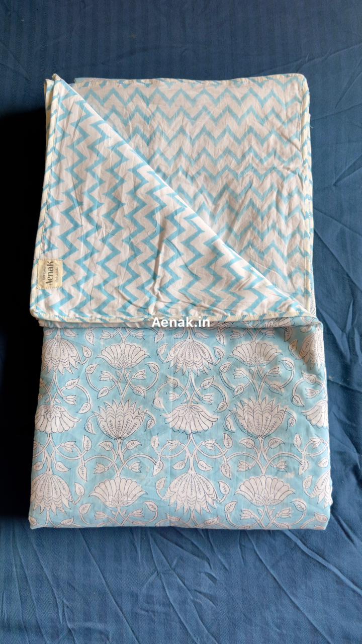 Sky Blue Floral Garden Handblock Mulmul Cotton Reversible Dohar