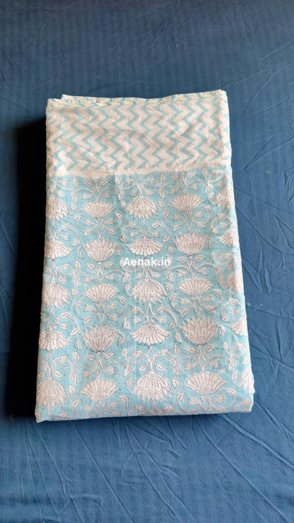 Sky Blue Floral Garden Handblock Mulmul Cotton Reversible Dohar